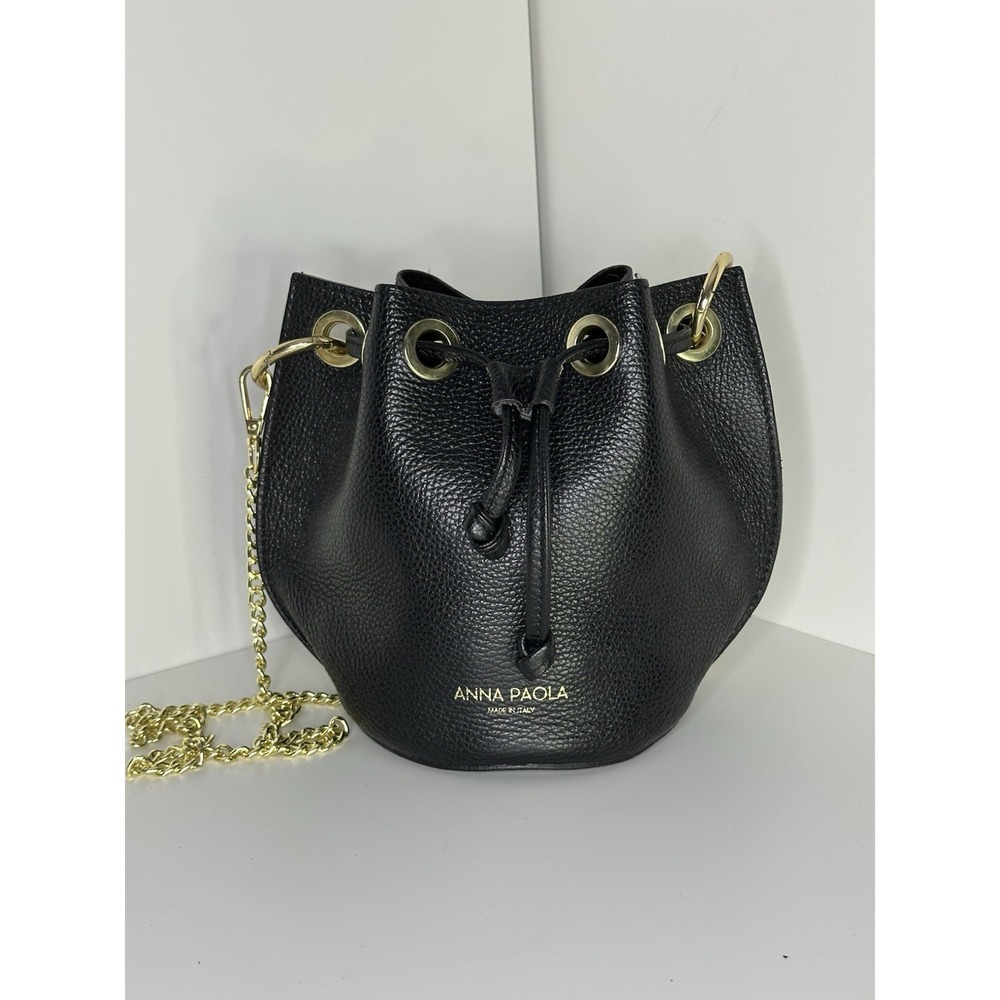 Anna Paola, Bucket Bag Black Pebbled Leather Drawstring Gold Chain Made In Italy